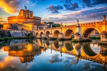 Fototapeta premium Castel Sant'Angelo & Ponte Sant'Angelo, Rome, Italy: Iconic Roman Bridge and Fortress