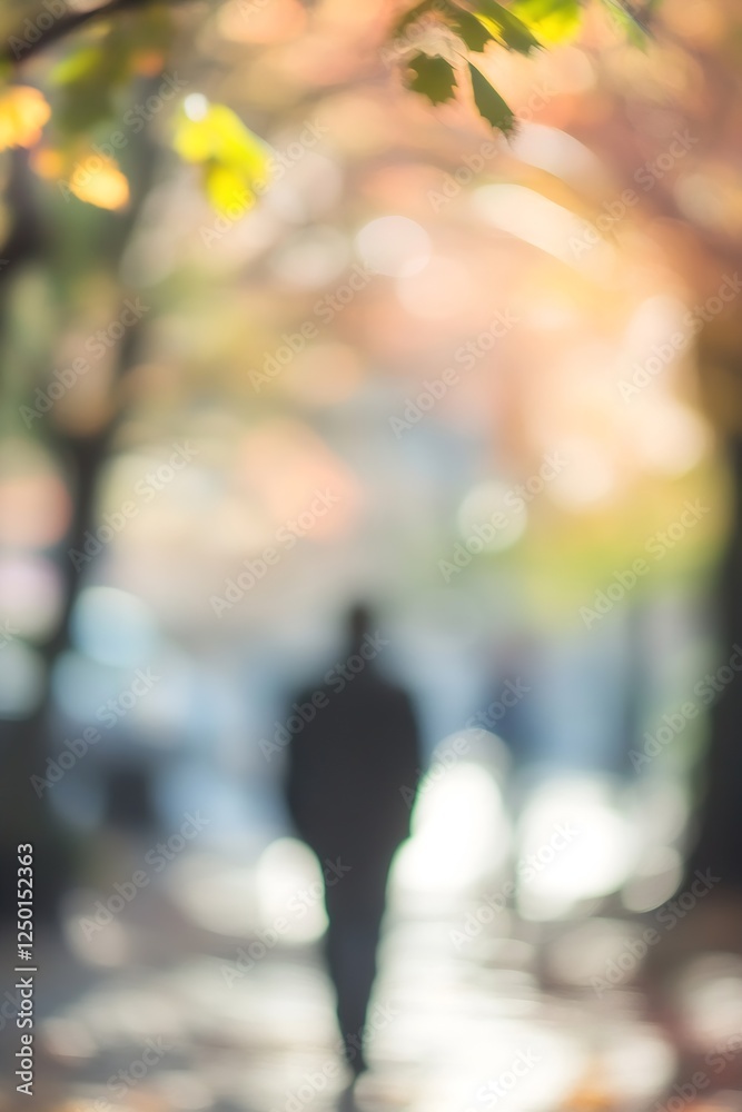 Poster mysterious figure walking along a blurred pathway surrounded by autumn foliage : generative ai