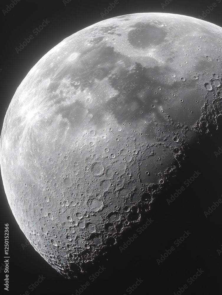 Poster detailed close-up view of the moon showcasing its craters and surface texture : generative ai