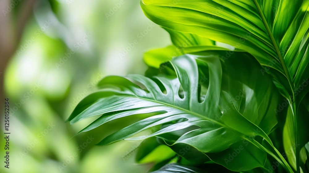 Aufkleber close up of lush green monstera leaves with soft light background : generative ai