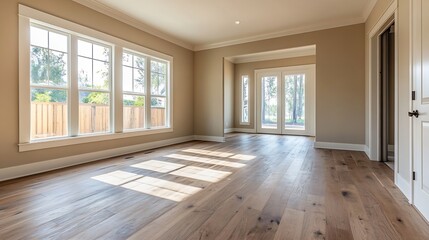 Fototapeta premium Spacious Bright Living Room with Wooden Flooring and Abundant Natural Light in Minimalist Style : Generative AI