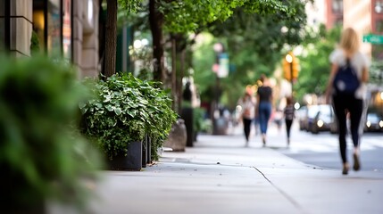 Obraz premium Bustling City Sidewalk View Rich with Greenery and People Engaging in Their Daily Activities : Generative AI