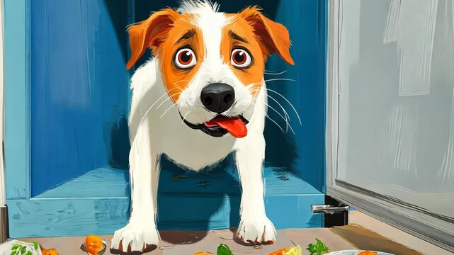 Cartoon dog tilting head, investigating scattered food with big eyes, revealing playful puppy personality through animated, mischievous expression