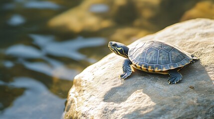 Fototapeta premium Young Turtle Basking on a Rock Near Water