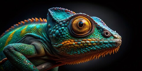 Naklejka premium Chameleon Predator, Low Light Black Background Stock Photo