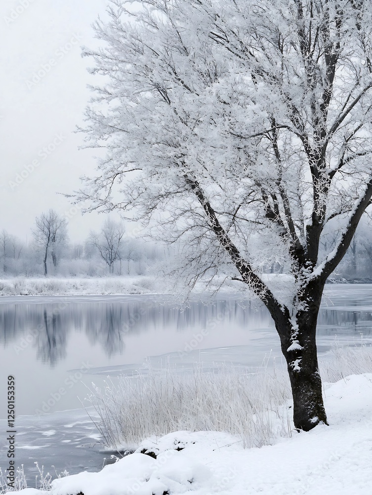 Poster winter wonderland scene with frosted tree reflected in still water : generative ai