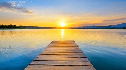 Fototapeta premium Serene Sunset Over Calm Lake with Wooden Pier and Glowing Horizon : Generative AI