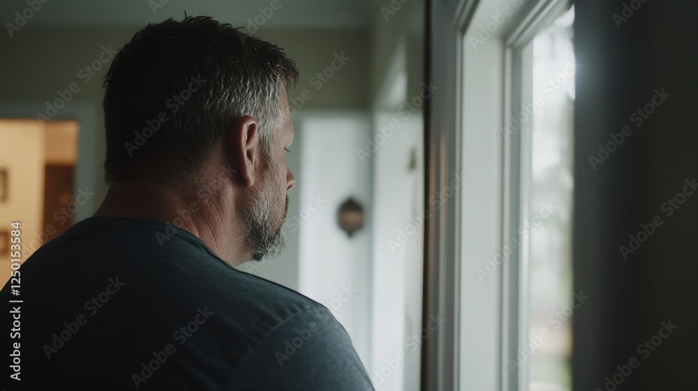 Poster Thoughtful Man Looking Out the Window in Natural Light with a Pensive Expression : Generative AI
