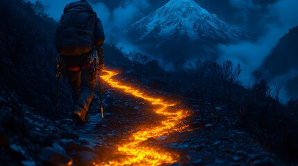 Obraz premium Hiker Navigating Fiery Lava Trail Mountainous Region Adventure Photography Dramatic Environment Dusk Viewpoint