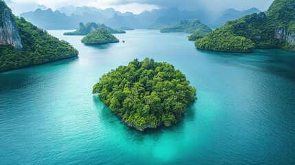 Aerial view of lush green island surrounded by turquoise waters and distant mountains
