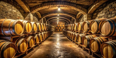Old French oak wooden barrels in a dimly lit underground cellar with rows of stacked wine barrels aged to perfection, wine storage, natural aging process