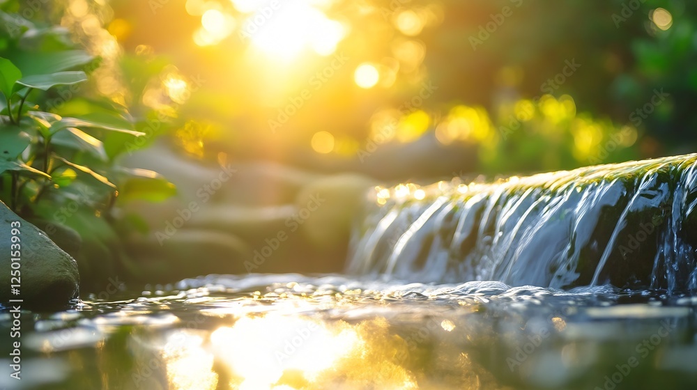 Poster bright stream with flowing water illuminated by golden sunlight surrounded by lush green foliage : g