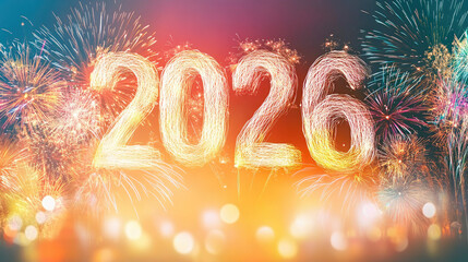 High - Res Product Photo, Fireworks in "2026" Shape, Red - Orange Bloom, Bokeh, for Festive New Year