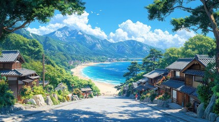 Naklejka premium A vibrant coastal street scene featuring traditional Japanese-style houses with wooden facades and tiled roofs,