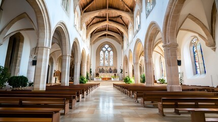 Obraz premium Beautiful Interior of a Historic Church Featuring Stunning Architectural Details and Arched Ceilings : Generative AI