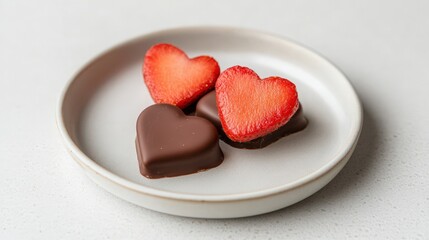 Naklejka na ściany i meble valentine's day food concept. Three heart-shaped chocolates and strawberries on a plate.