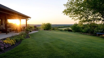 Obraz premium Beautiful backyard sunset with lush grass and blooming flowers in garden setting : Generative AI