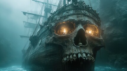 Fototapeta premium A haunting pirate ship shaped like a skull emerges from foggy waters, surrounded by eerie cliffs