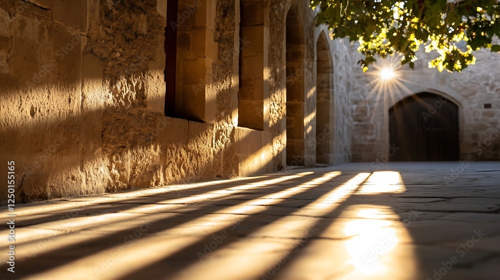 Fototapete golden sunlight streaming through ancient stone archway creating striking shadow patterns : generati
