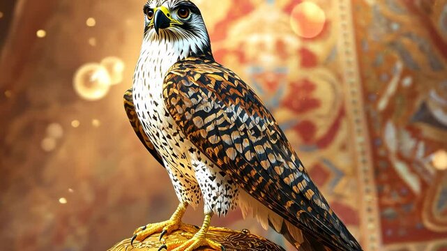 Majestic saker falcon perched on golden stand with ornate background