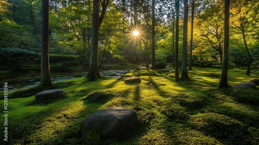 Poster serene sunlit forest scene with green mossy ground trees and soft glow of early morning light : gene