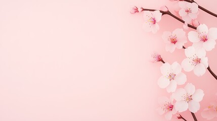 Fototapeta premium Delicate cherry blossom branches gracefully arranged on a soft pink background, evoking springtime serenity