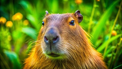 Close-Up Capybara Portrait:  Nature's Gentle Giant in Lush Habitat