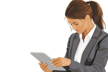 Professional Woman in Business Attire Uses Tablet Device for Work and Communication