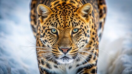 Naklejka premium Close-Up Confident Leopard Walking Towards Camera, Bright Background - Drone Photography