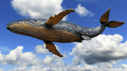 Fototapeta premium majestic whale swimming gracefully through bright blue sky filled with fluffy clouds, showcasing its unique patterns and features