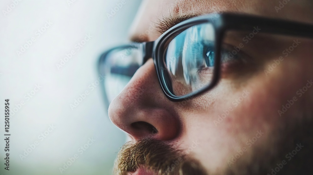 Poster close-up portrait of a thoughtful man with glasses and reflective eyes gazing out of window : genera