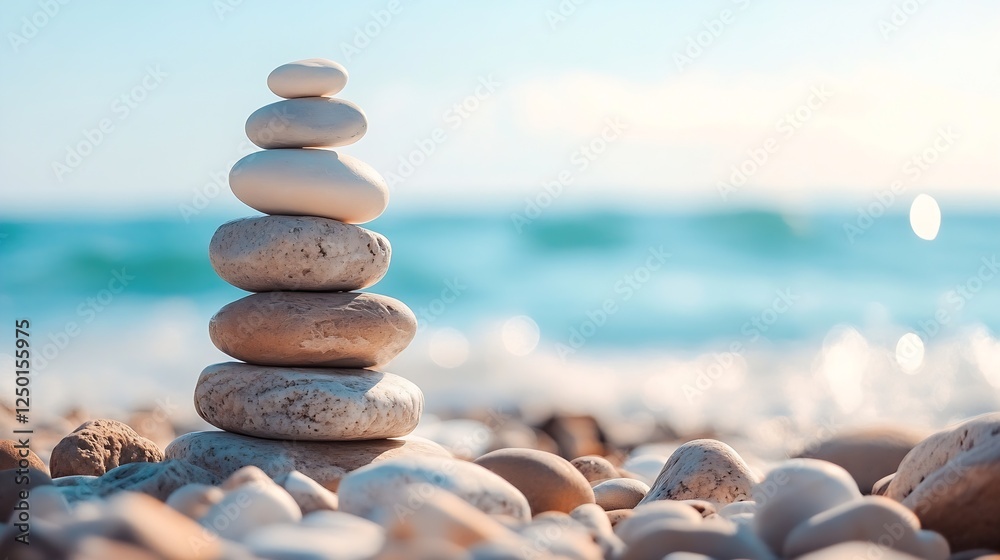 Aufkleber Calm Beach Scene with Stack of Smooth Pebbles on a Shore with Gentle Waves in the Background : Generative AI
