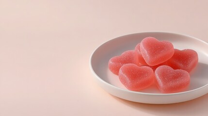 valentine's day food concept. Heart-shaped gummy candies on a plate against a soft background.