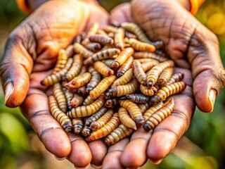 Close-up of Black Soldier Fly Larvae on Hand - Sustainable Insect Farming for Animal Feed