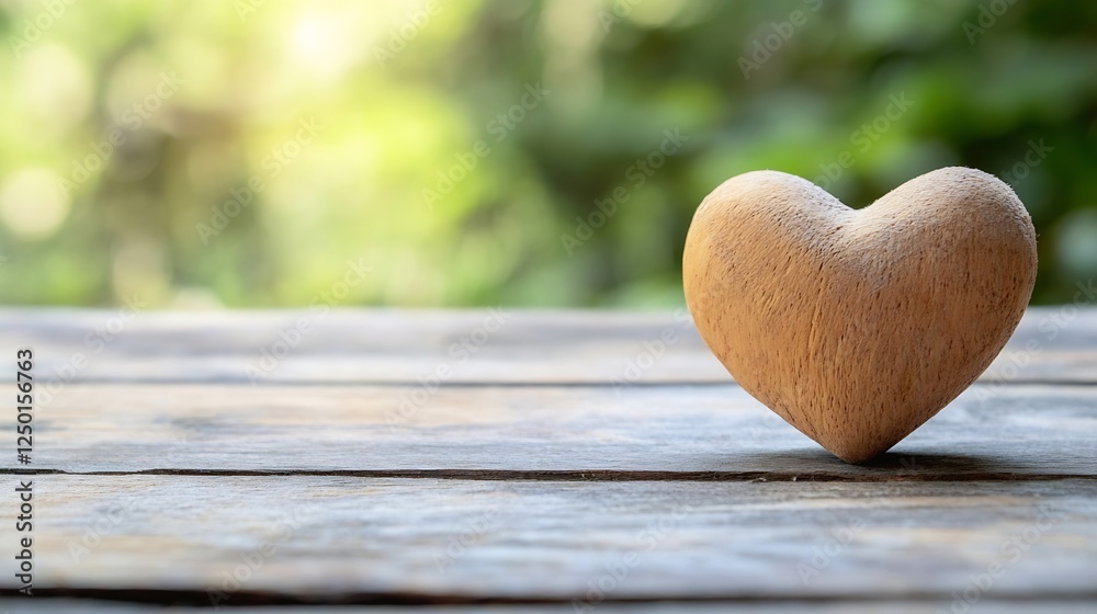 Aufkleber natural wooden heart on rustic table reflecting love and warmth in outdoor setting : generative ai