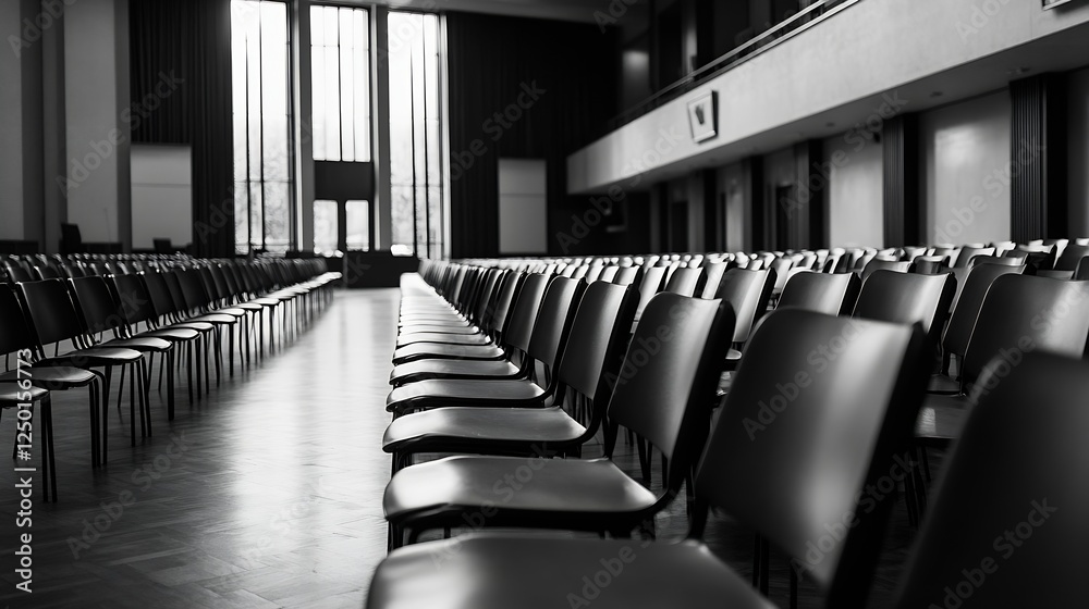 Poster rows of empty black chairs in modern conference hall with dramatic lighting : generative ai