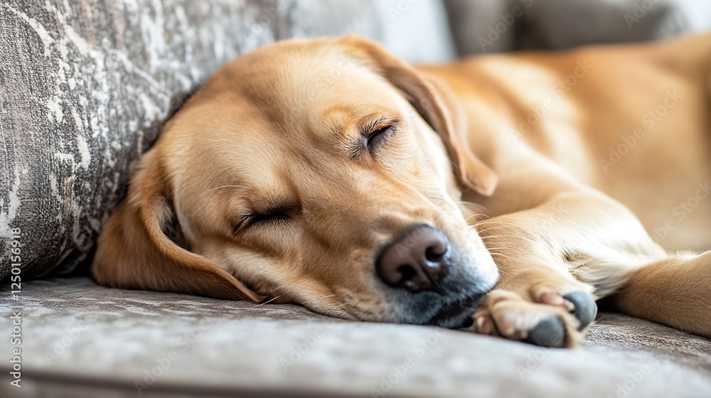 Poster Lazy sleeping dog relaxing on a cozy couch with soft fabric texture : Generative AI