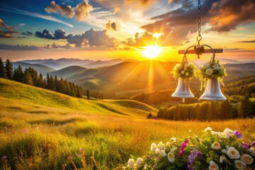 Fototapeta premium Ethereal Wedding Bells Landscape Photography: Stunning Bridal Scene, Romantic Meadow, Sunset Ceremony