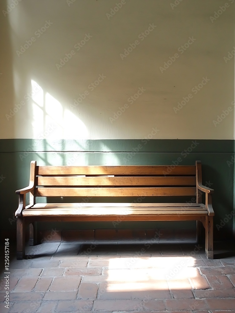 Poster Wooden Bench in Natural Light with Sunlight Streaming Through Window : Generative AI