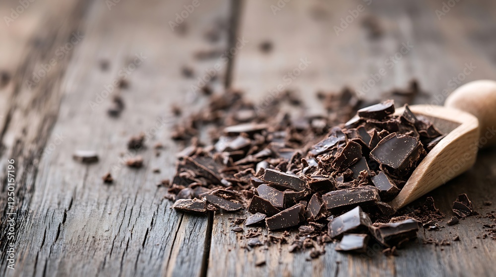Poster Rich Dark Chocolate Chunks on Rustic Wooden Table with Scoop for Baking : Generative AI