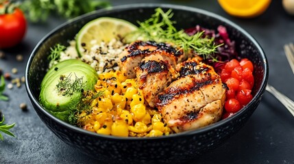 Fototapeta premium Delicious Grilled Chicken Salad Bowl with Fresh Veggies and Herbs : Generative AI