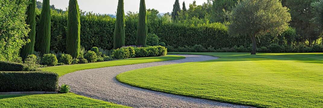 A well-kept lawn with a modern mower, framed by a lush garden, cypress trees, and a curved stone pathway, illustrating professional landscaping services and premium garden care.