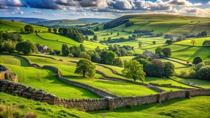Obraz premium Rolling hills and lush green fields meet ancient stone walls in a picturesque countryside scene, English countryside, green fields
