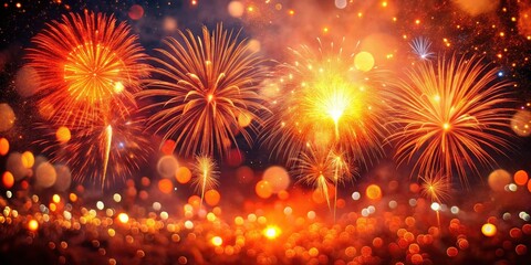 Fototapeta premium Fireworks Night Photography: Red Orange Spark Bokeh Dark Sky Smoke Explosions