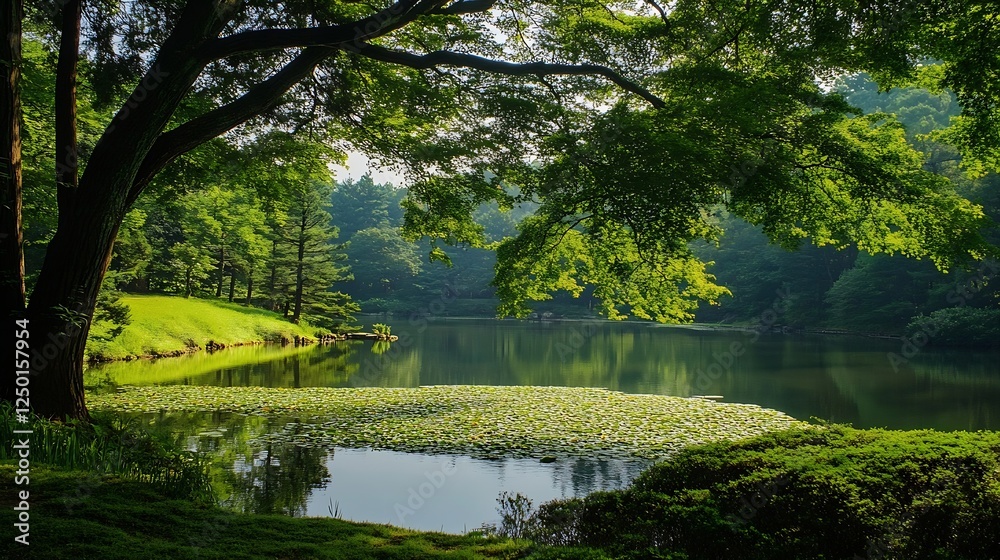Poster tranquil lake surrounded by lush green trees reflecting in calm waters : generative ai