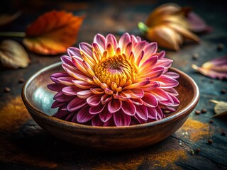 Close-up of Vibrant Chrysanthemum in Rustic Bowl - Urban Exploration Photography