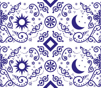 Traditional Blue Talavera Pattern with Sun and Moon &ndash; Mexican Decorative Design with Floral and Ornamental Elements