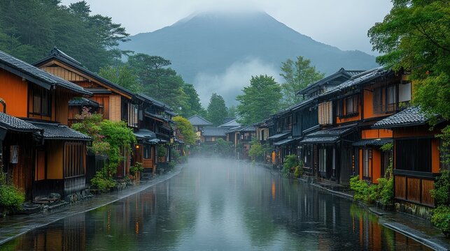 A tranquil river runs through a picturesque mountain village,