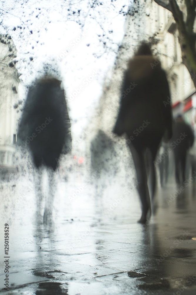 Poster abstract blurred figures walking on a wet street captured in a misty urban environment : generative 