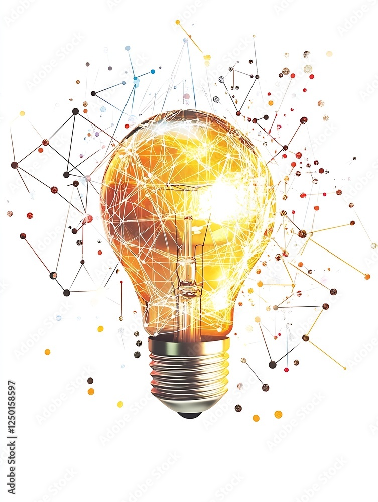 Poster Creative Artistic Representation of Light Bulb with Network Connections and Technology Background : Generative AI